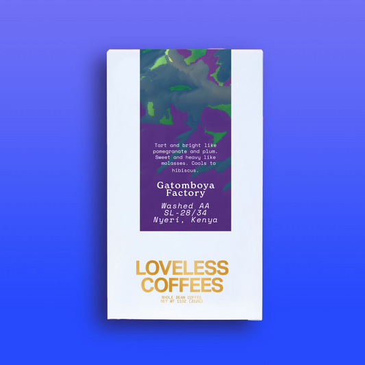 11 ounce box of Kenyan coffee roasted by Loveless on a blue background