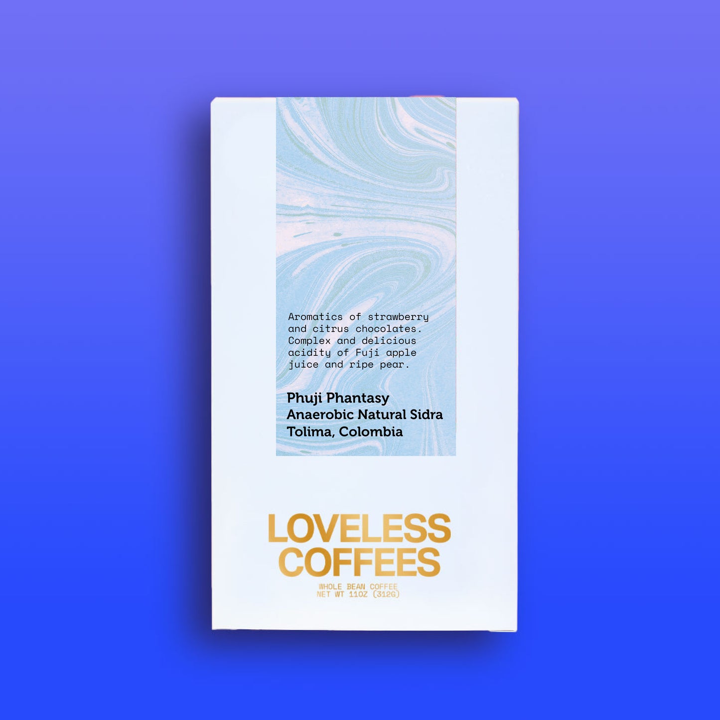 A package of 'Phuji Phantasy' coffee from Loveless Coffees with a tasting note of strawberry and citrus chocolates, apple and pear acidity, and a background of blue.