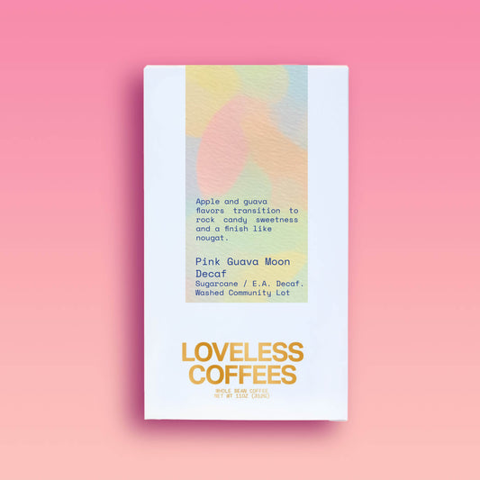Loveless Coffees Pink Guava Moon Decaf box