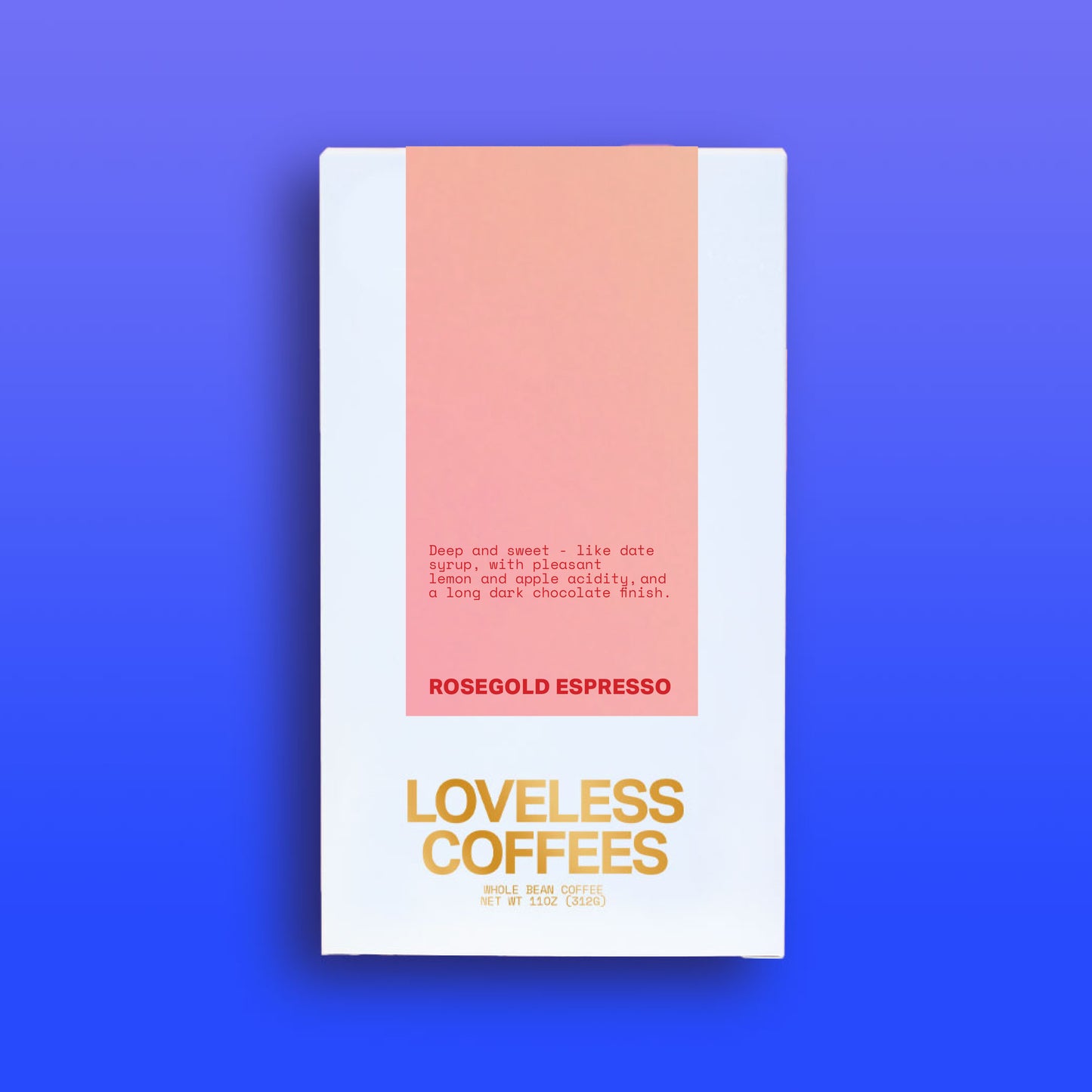 A package of 'Rosegold Espresso' coffee from Loveless Coffees with a minimalist design featuring pink and white colors.