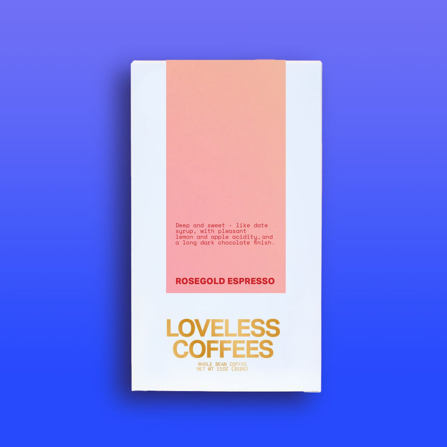 A package of 'Rosegold Espresso' coffee from Loveless Coffees with a minimalist design featuring pink and white colors.
