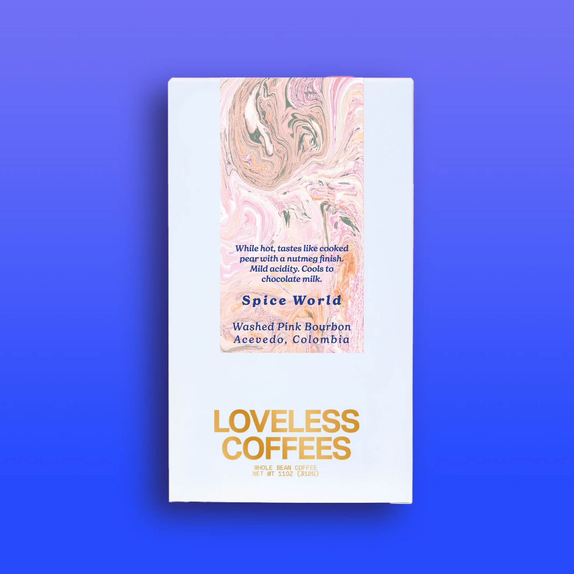 Front view of a retail box of a coffee called Spice World roasted by Loveless.