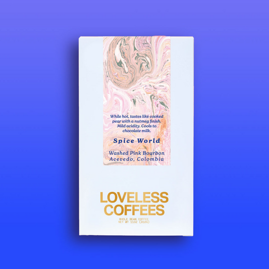 Front view of a retail box of a coffee called Spice World roasted by Loveless.