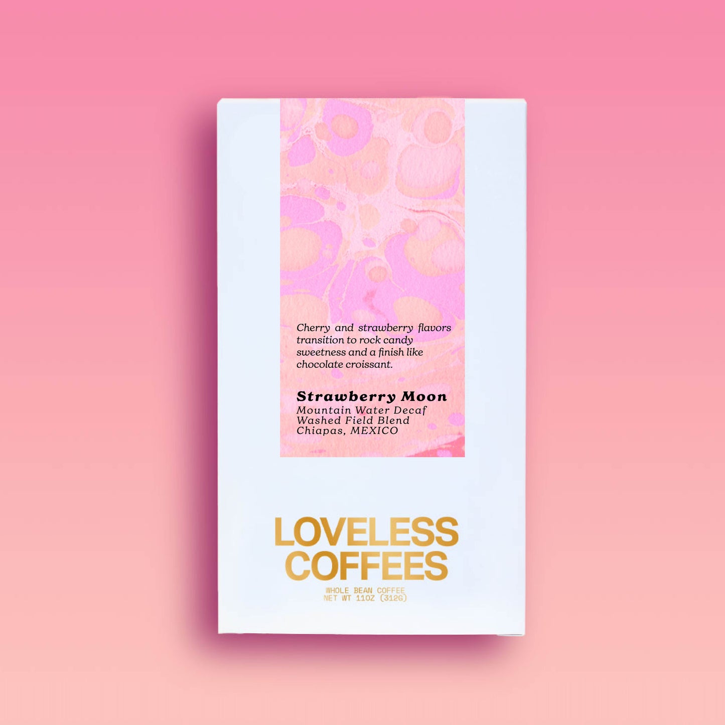 Decaf coffee packaging for 'Strawberry Moon' with a color block design in pink and red on the upper part of the packaging, and the brand name 'LOVELESS COFFEES' in bold, gold letters on the lower part. Product information is presented on a pink background.