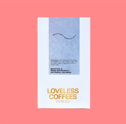 Beautiful D - Filter Decaf Subscription Loveless coffees, front angle