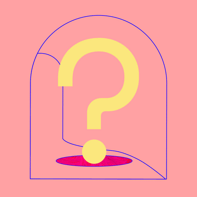 a GIF of a yellow question mark inside an arched doorway logo on pink background