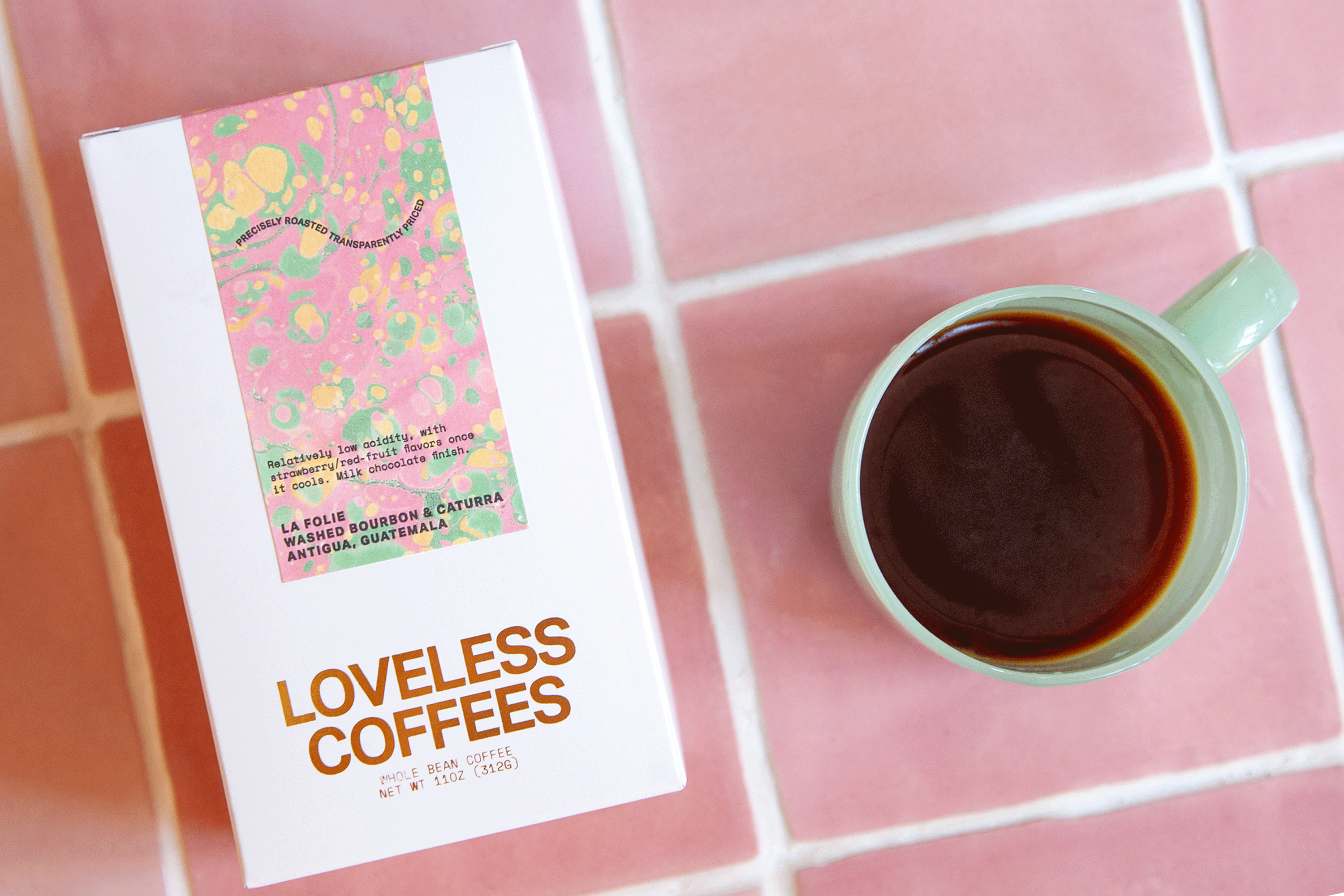 Loveless Coffees whole bean coffee next to brewed cup of coffee