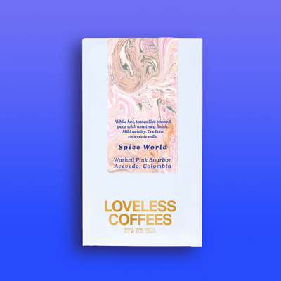 Front view of a retail box of a coffee called Spice World roasted by Loveless.