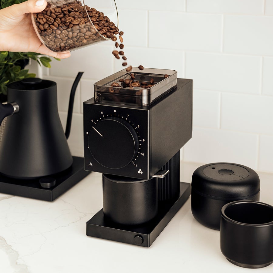 Fellow - Ode Brew Grinder in use on counter